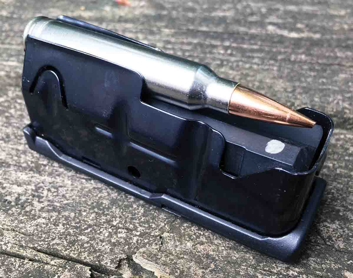 Feeding the Impulse Hog Hunter is a detachable, staggered-column box magazine. For the .300 Winchester Magnum it holds three rounds, while all others hold four.